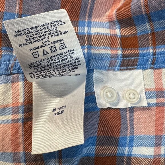 Lands End Flannel Shirt 14 Women Plaid Orange Blue Popover‎ Long Roll Tab Sleeve - Picture 11 of 11
